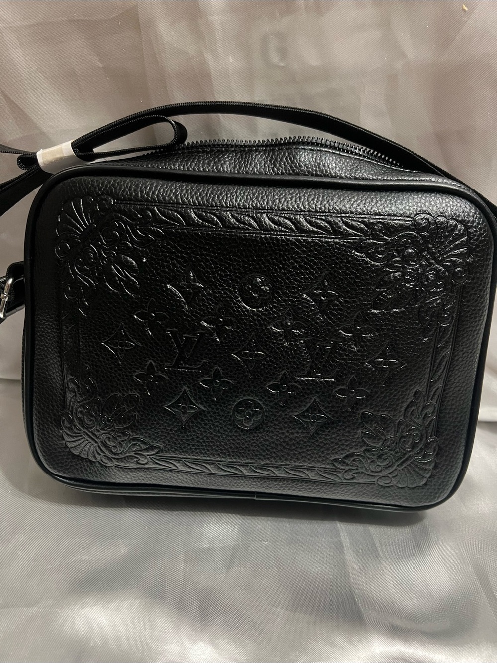 Inspired Black Embossed Monogram Leather Crossbody Bag